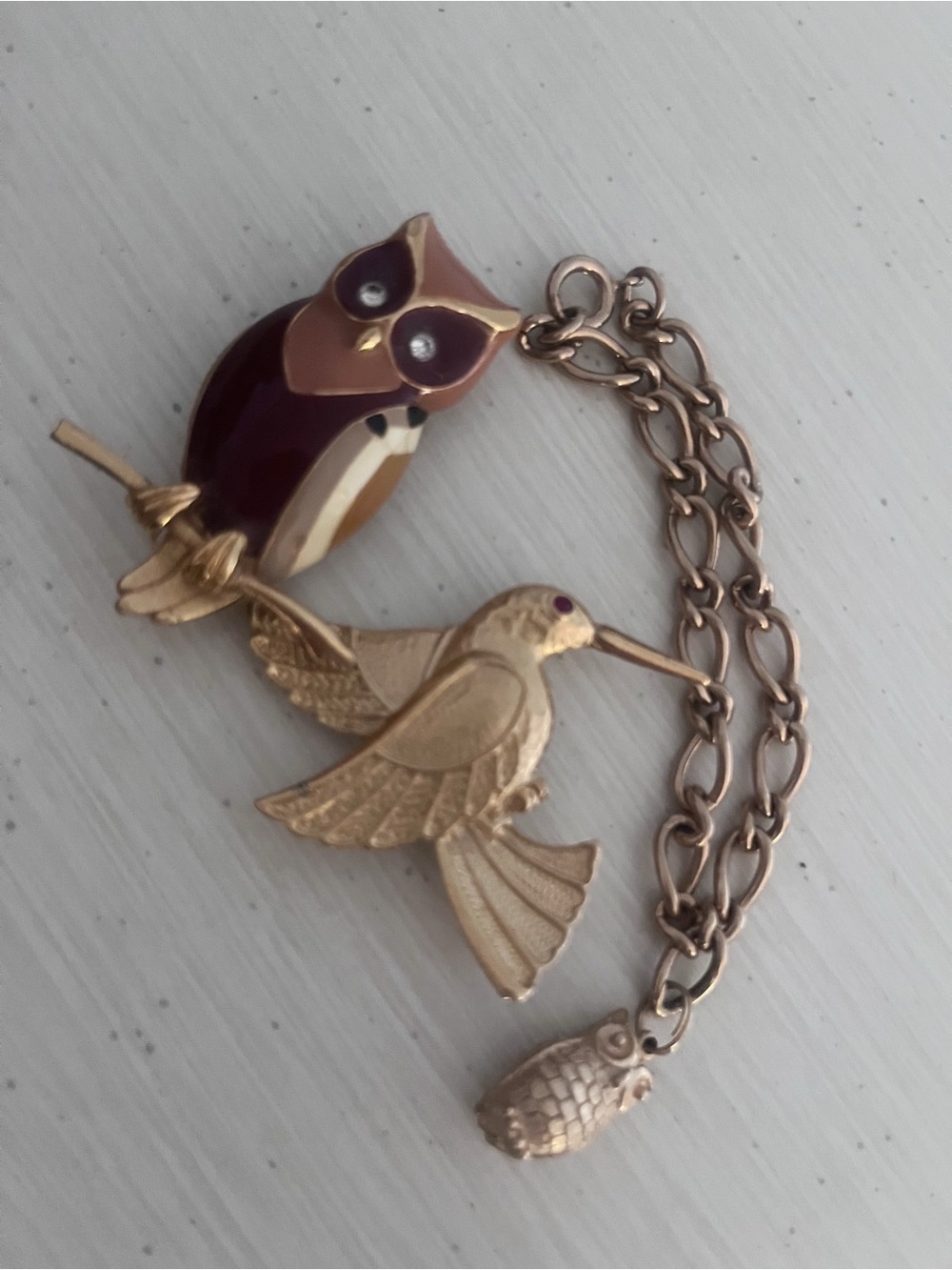Vintage lot of 2 Brooches pins and one bracelet gold tone owl and hummingbird